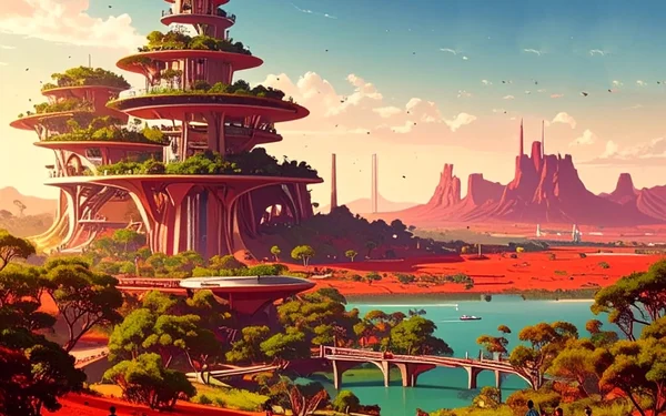 Digital illustration of a futuristic green city with plant-covered terraces, solar panels, waterfalls and people walking on curved walkways